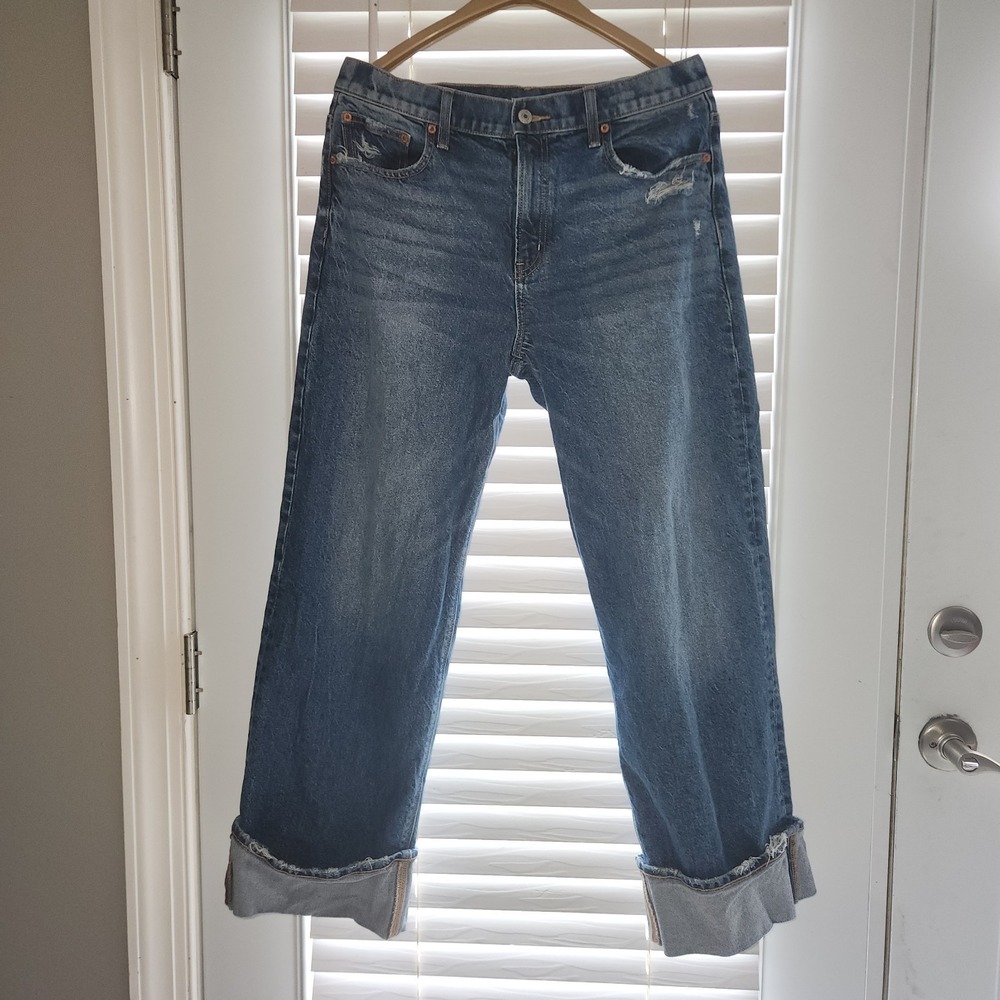 American Eagle Stovepipe Jeans wideleg folded cuff slightly distressed Womens 10